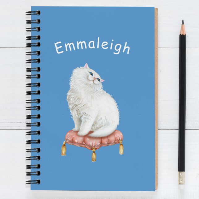 Personalised Pretty White Cat Sitting on Pillow Notebook (Creator Uploaded)