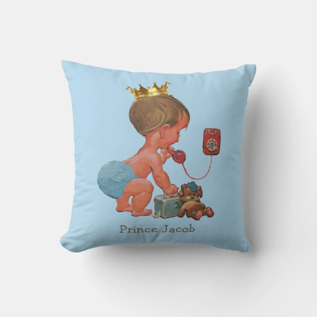Personalised Prince on Phone with Teddy Bear Blue Cushion (Front)