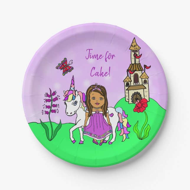 Personalised Princess and Unicorn Castle Birthday Paper Plate (Front)