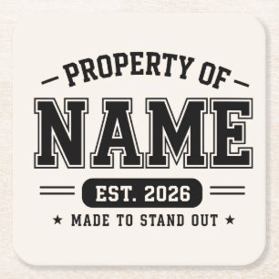 Personalised Property Of Name – Varsity Style Cust Square Paper Coaster
