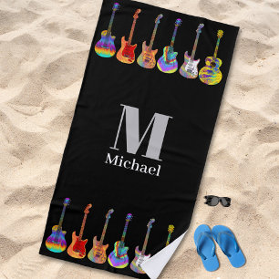 Personalised Psychedelic Guitars Black Beach Towel