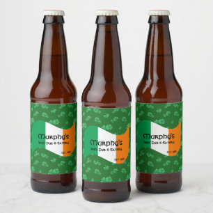 Personalised Pub & Eatery Irish Flag Shamrocks Beer Bottle Label