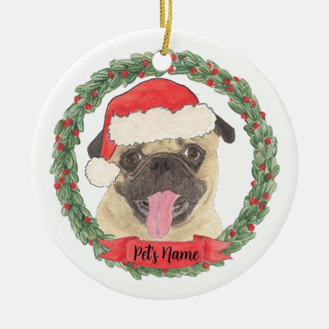 Personalised Pug Ceramic Tree Decoration (Front)
