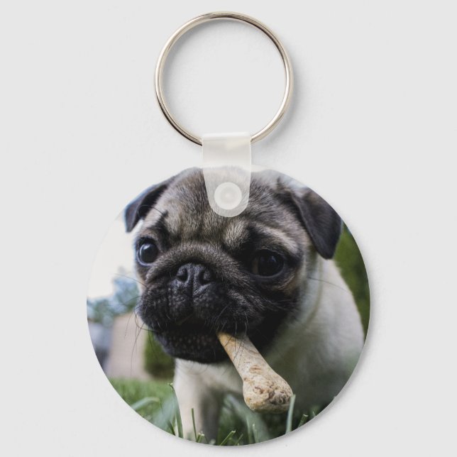 Personalised Pug Dog Photo and Name  Key Ring (Front)