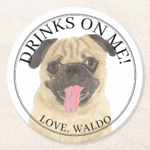 Personalised Pug Dog Wedding Round Paper Coaster