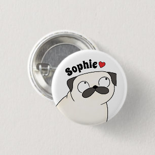 Personalised Pug Name Button Pin, Custom Name Pug