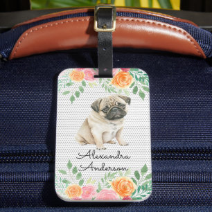 Personalised Pug Puppy Floral Luggage Tag
