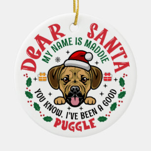 Personalised Puggle Dog Christmas Tree Round White Ceramic Tree Decoration