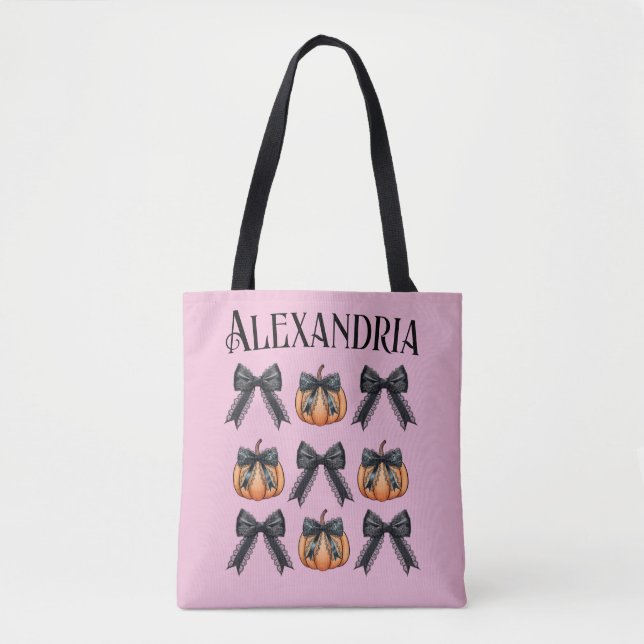 Personalised Pumpkin Bow Pink Halloween Tote Bag (Front)