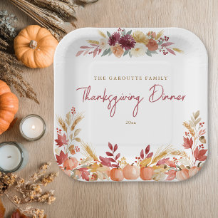 Personalised Pumpkin Floral Thanksgiving Dinner Paper Plate