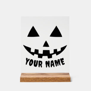 Personalised Pumpkin Halloween Name Black & White Acrylic Sign