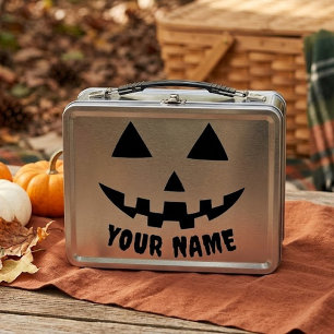 Personalised Pumpkin Halloween Name Black & White Metal Lunch Box