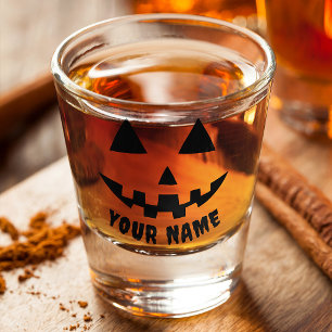 Personalised Pumpkin Halloween Name Black & White Shot Glass