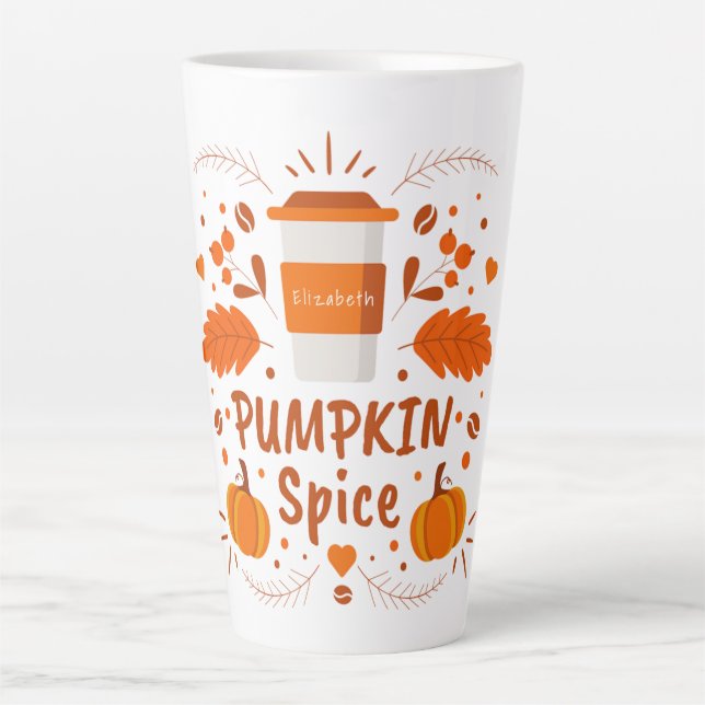 Personalised Pumpkin Spice coffee, fall leaves Latte Mug (Front)