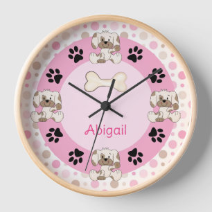 Personalised Puppy Dog, Paw Prints, Pink Polk Dots Clock