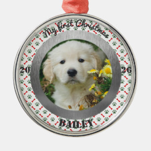 Personalised Puppy's First Christmas Photo Metal Tree Decoration