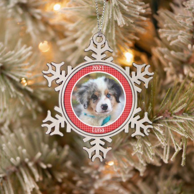 Personalised Puppy's First Christmas Photo Snowflake Pewter Christmas Ornament (Tree)