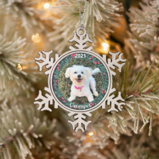 Personalised Puppy's First Christmas Photo Snowflake Pewter Christmas Ornament
