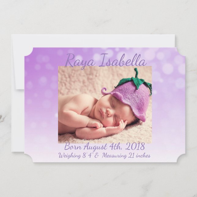 Personalised Puprle Baby Photo Birth Announcements (Front)
