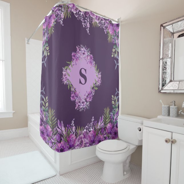 Personalised Purple and Aubergine Floral  Shower Curtain (In Situ)