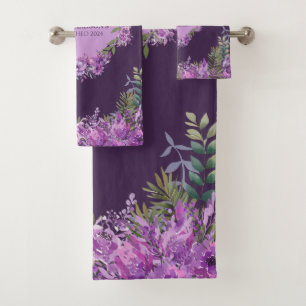 Personalised Purple and Aubergine Floral Towel Set