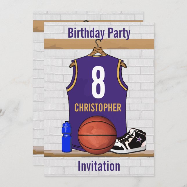 Personalised Purple and Gold Basketball Jersey Invitation (Front/Back)