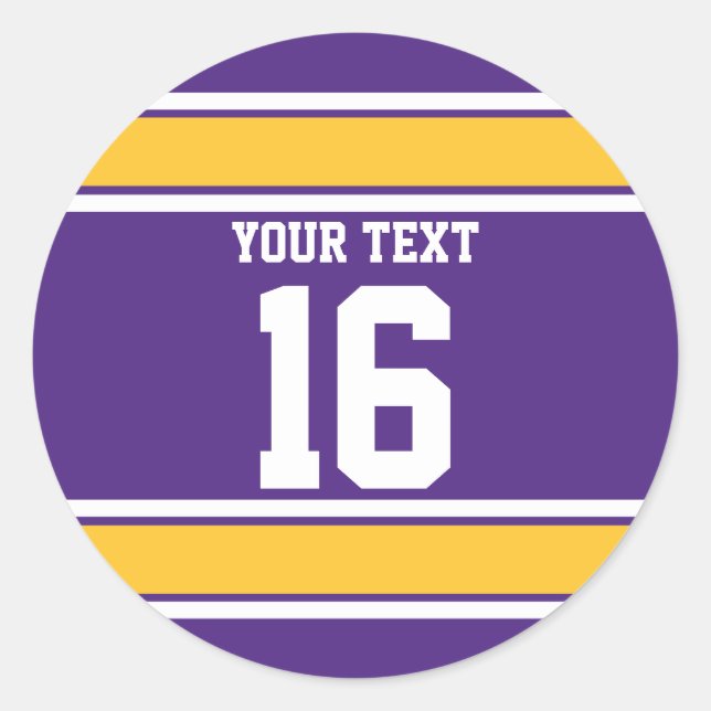 Personalised Purple and Gold Sports Stripes Classic Round Sticker (Front)