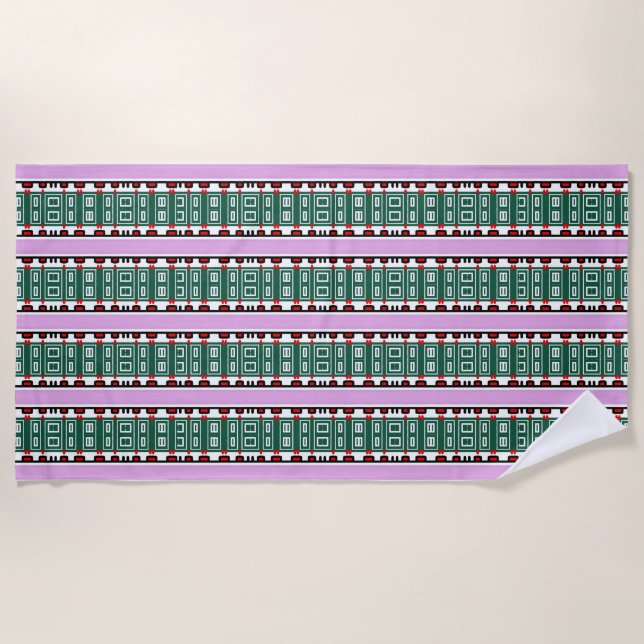Personalised Purple Beach Towel with Green Pattern (Front)