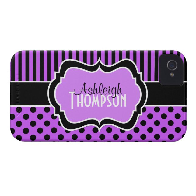 Personalised Purple, Black Striped Polka Dots Case-Mate iPhone Case (Back Horizontal)