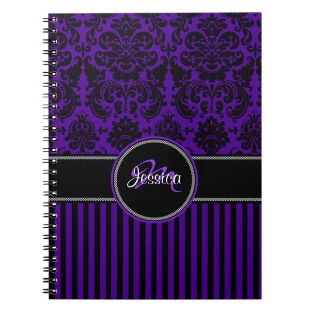 Personalised Purple Black White Striped Damask Spiral Notebook (Front)