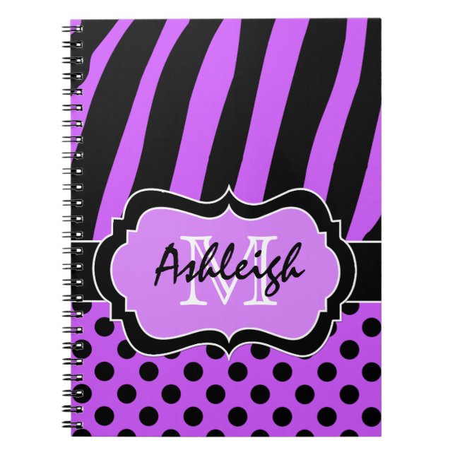 Personalised Purple Black White Striped Polka Dots Spiral Notebook (Front)