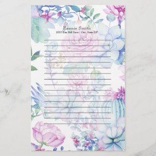 Personalised Purple Blue Cactus and Floral White Stationery