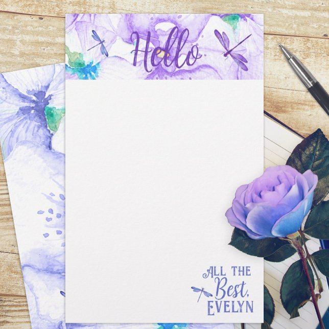 Personalised Purple & Blue Dragonfly Stationery (whimsical purple blue dragonflies dragonfly budget personalized letter stationary paper sheets)