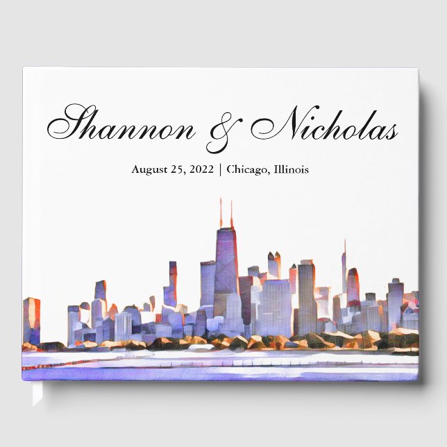 Personalised Purple Chicago Skyline Guest Book (Front)
