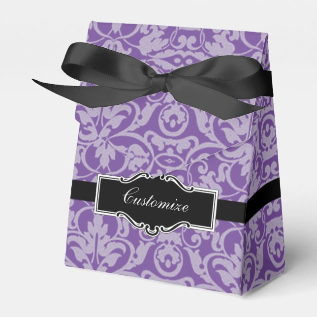 Personalised Purple Damask Pattern Tent Favour Box (Front Side)