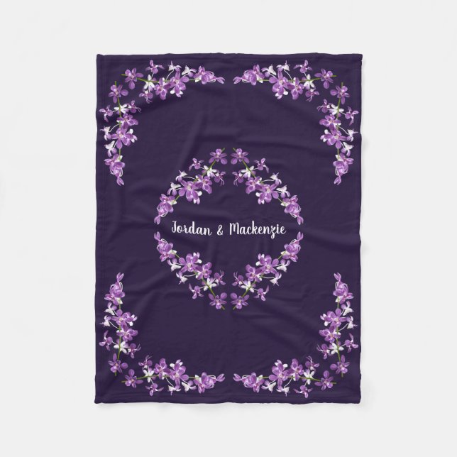 Personalised Purple Dendrobium Orchids Motif Fleece Blanket (Front)