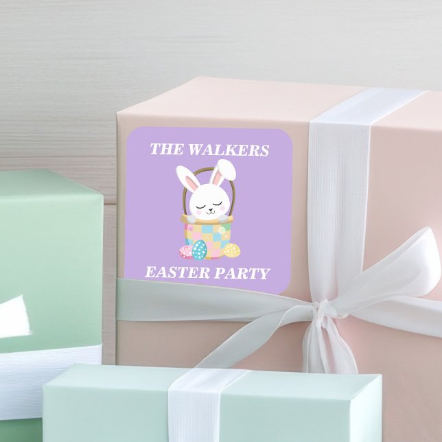 Personalised Purple Easter Bunny Party Square Sticker (Creator Uploaded)