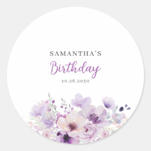 Personalised Purple Floral Birthday  Classic Round Sticker