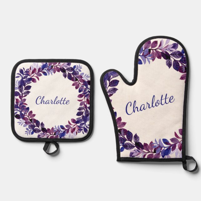 Personalised Purple Floral Bridal Party Favour Oven Mitt & Pot Holder Set (Front)