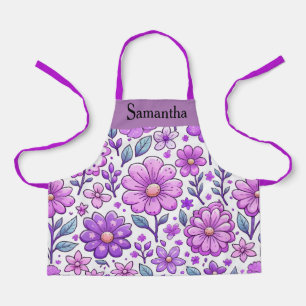 Personalised Purple Flower Pattern and Name Apron