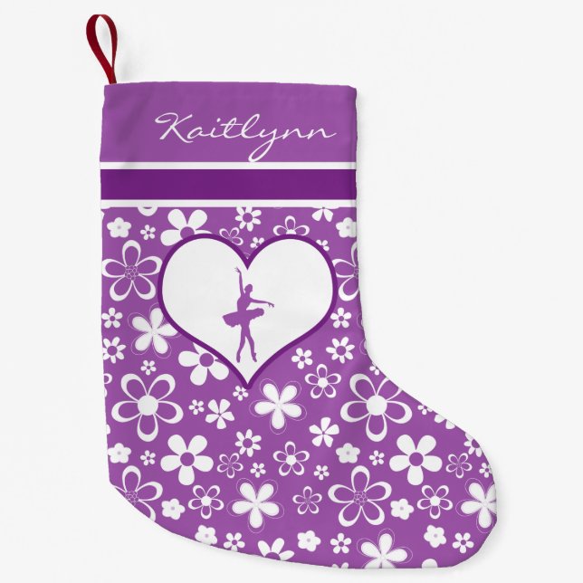 Personalised Purple Flowers Pattern Ballet Dancer Small Christmas Stocking (Front)