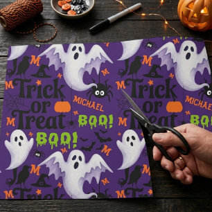 Personalised Purple Ghost  Kids Name Monogram  Wrapping Paper