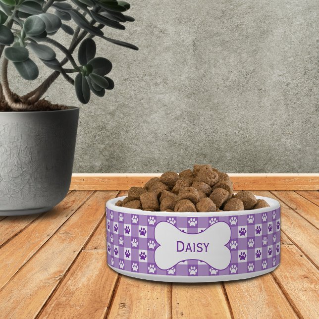 Personalised Purple Gingham with Paw Prints Bone Bowl (Creator Uploaded)