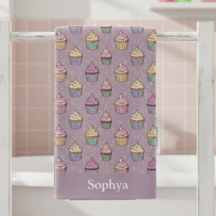 Personalised Purple Glitter Cupcake Beach Towel