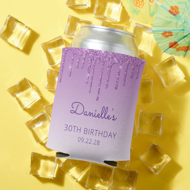 Personalised Purple Glitter Drip 30th Birthday Can Cooler (In Situ Summer)