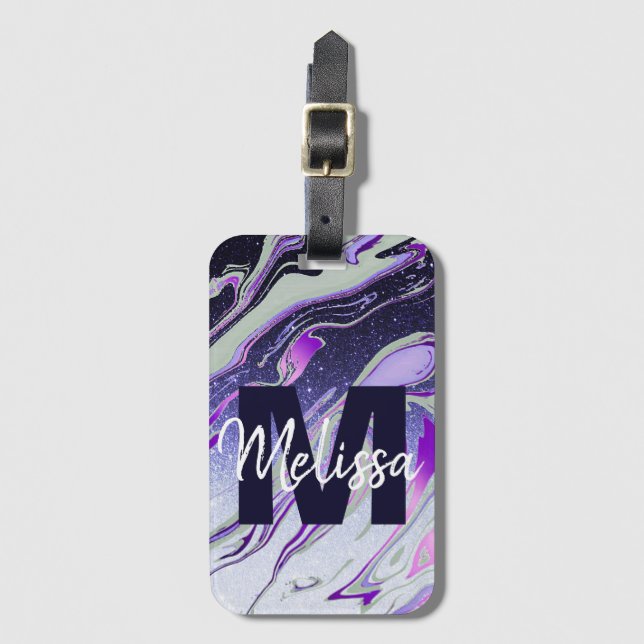Personalised Purple glitter marble Luggage Tag (Front Vertical)