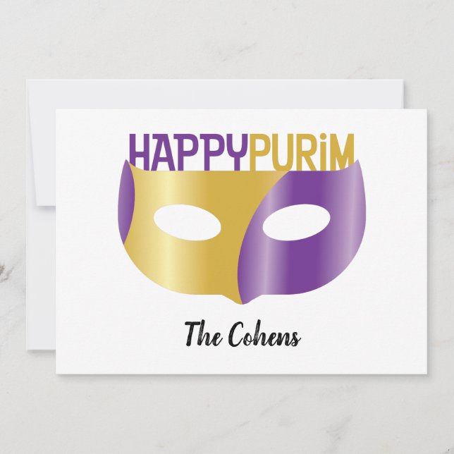 Personalised Purple Gold Happy Purim and mask Holiday Card (Front)