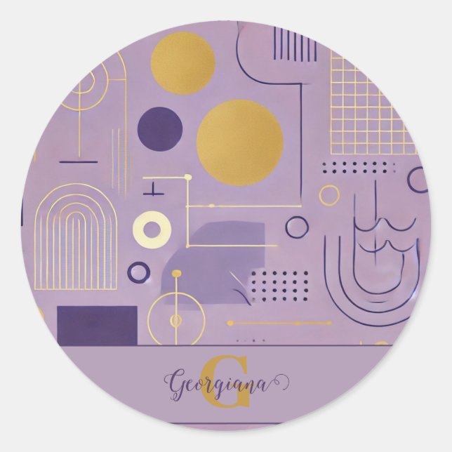 Personalised Purple & Gold Scandinavian Minimalist Classic Round Sticker (Front)