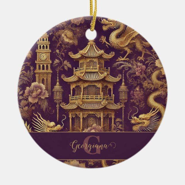Personalised Purple & Gold Victorian Chinoiserie Ceramic Tree Decoration (Front)