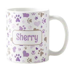 Personalised Purple Hearts Paw Prints Mug